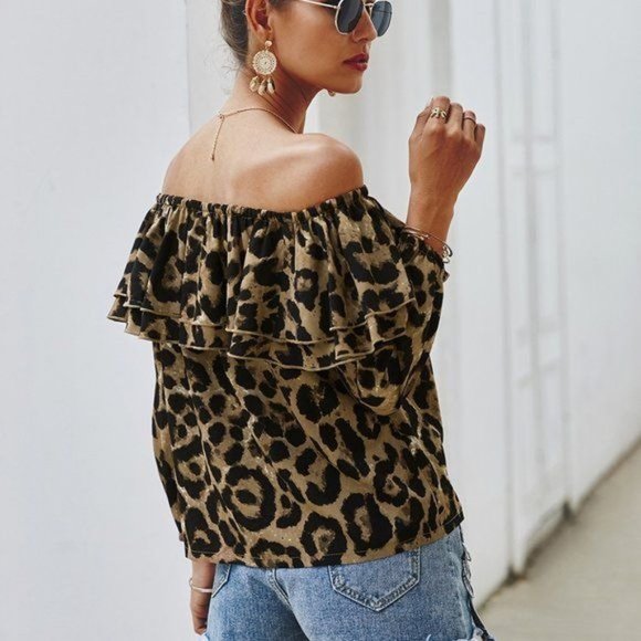 Viv's Women's Size L Off Shoulder Brown Animal Print Flounce Top - Picture 2 of 7